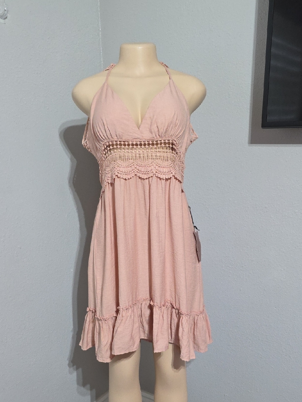 Maute Monde Women’s Pink Crochet-Trim Halter Dress Size L